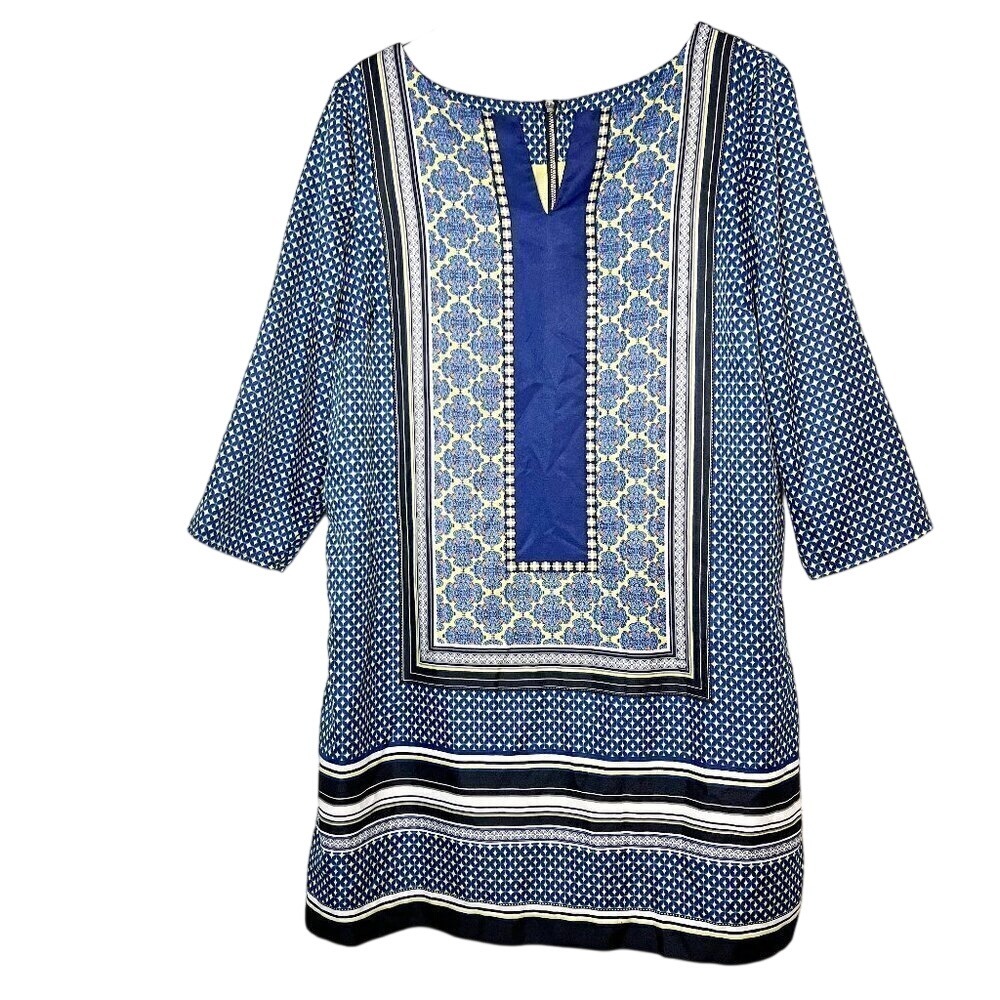 The Limited Moroccan Mosaic Geometric Split Neckline Satin‎ Shift Dress Size XL